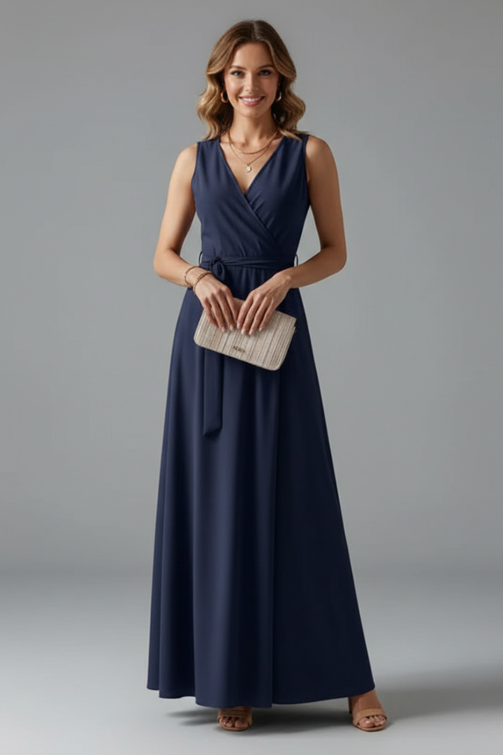 Classic V-neck sleeveless maxi dress, a women's long flowy dress with waist tie for effortless spring/summer style.