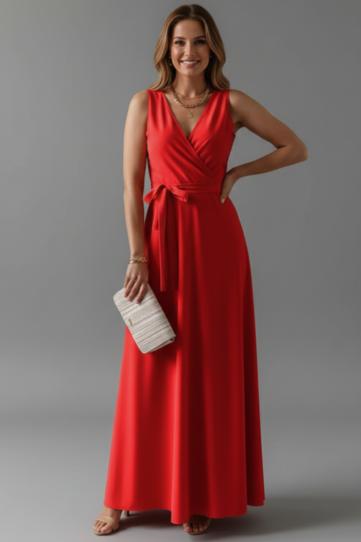 Women's stylish V-neck sleeveless maxi dress with a waist tie, ideal for elegant spring & summer fashion.