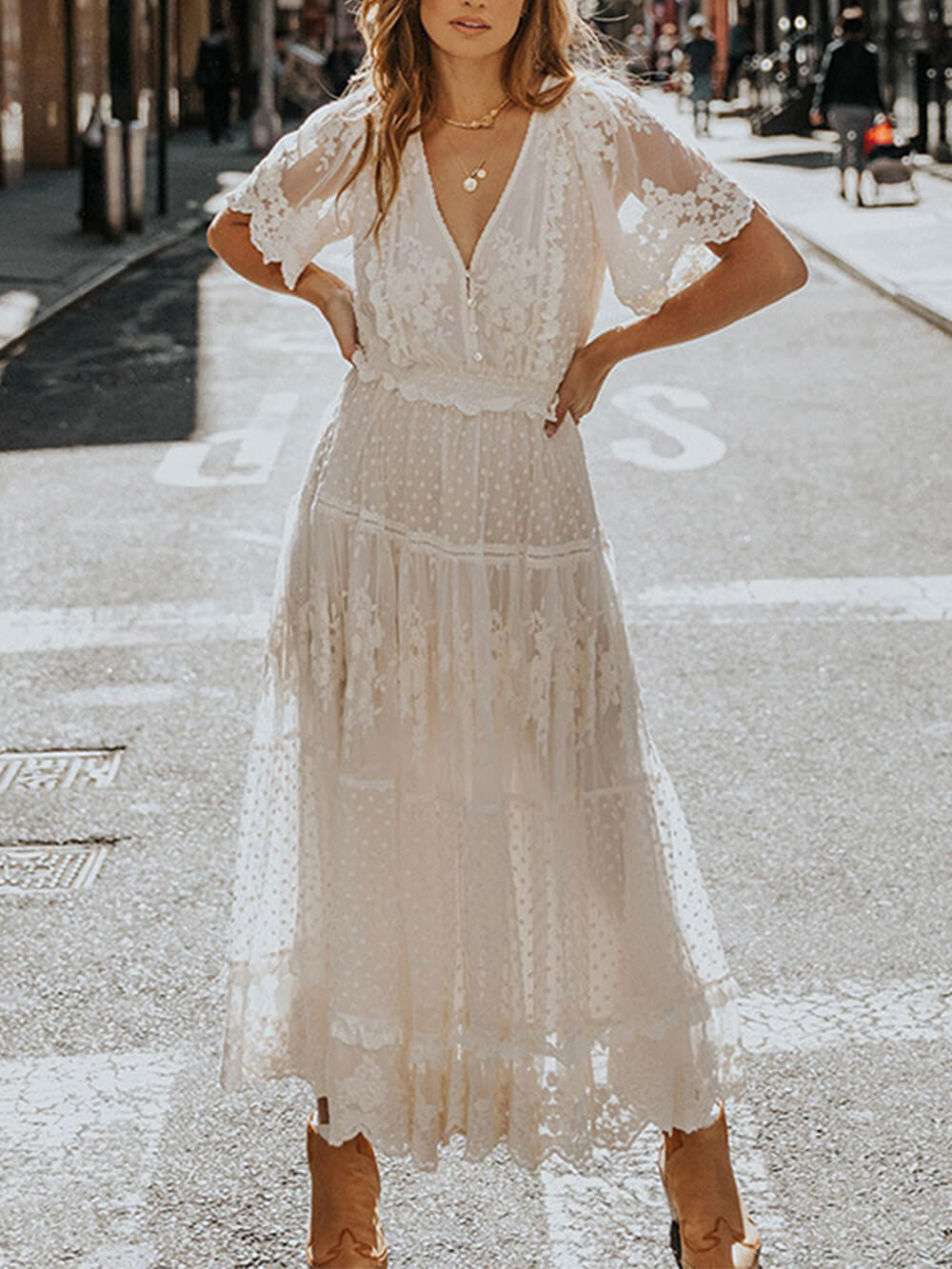 Stylish women's V-neck lace midi dress. A-line silhouette, short sleeves & elegant bohemian design for summer.