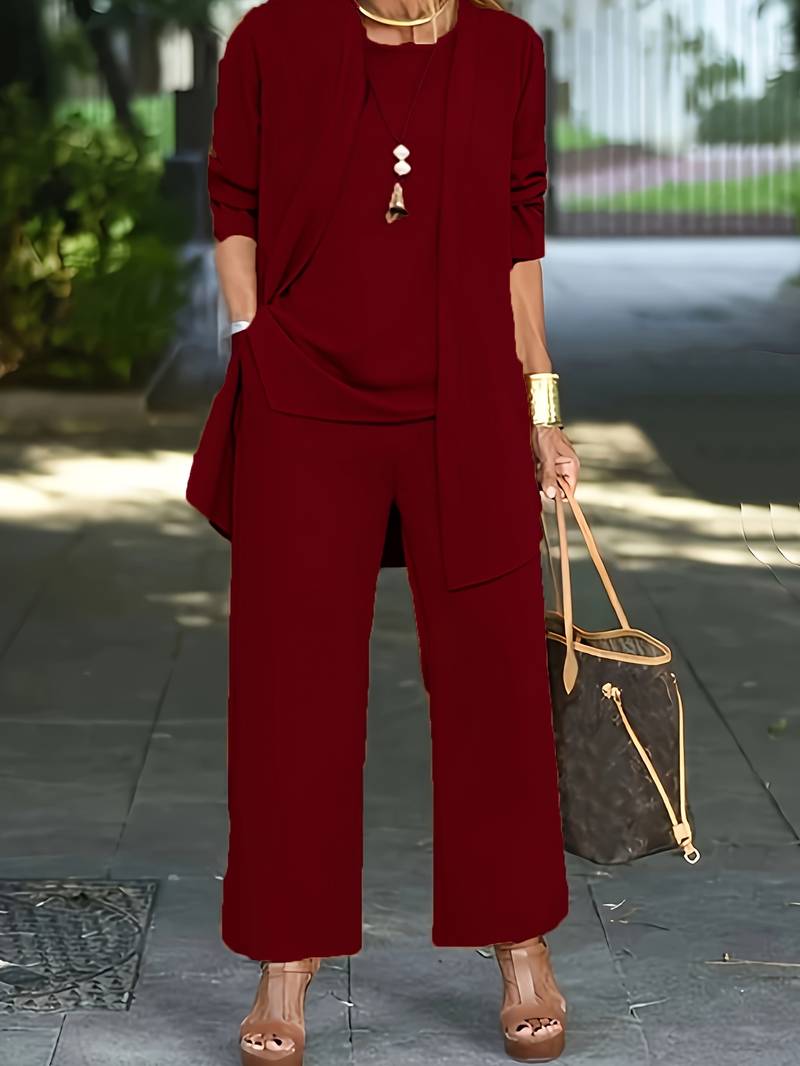 Elegant women's 3-piece outfit set: open-front jacket, wide-leg pants, & top. Versatile and stylish.