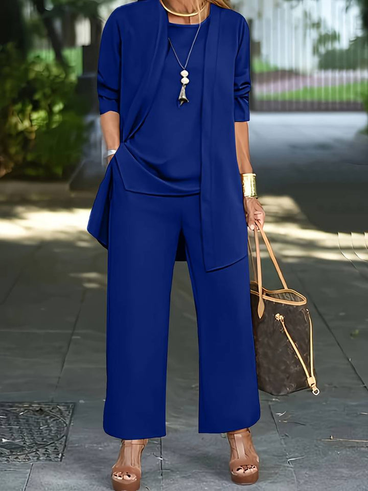 Women's elegant open-front jacket, wide-leg pants & sleeveless top. Versatile 3-piece matching outfit.
