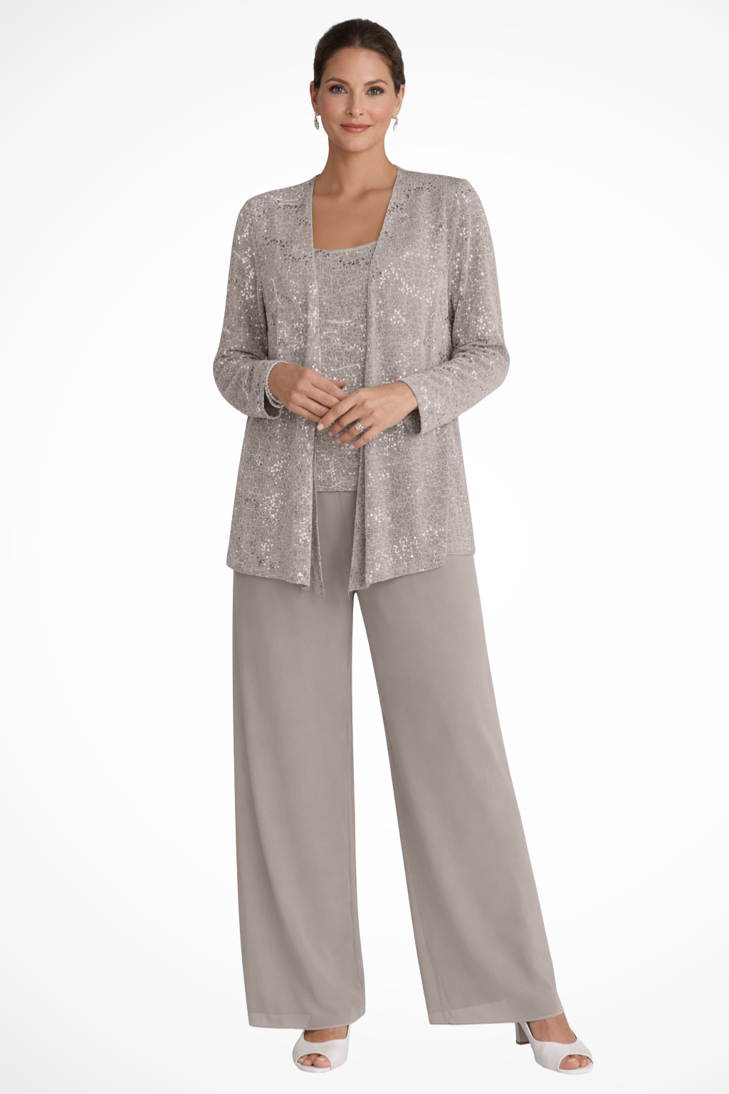 Close-up of sparkling sequin embellishments on an elegant women's wide leg pant suit set.