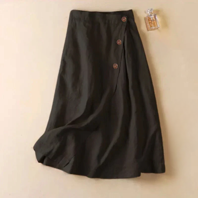 Stylish women's A-line wrap midi skirt featuring button details, ideal for casual summer outfits & comfort.