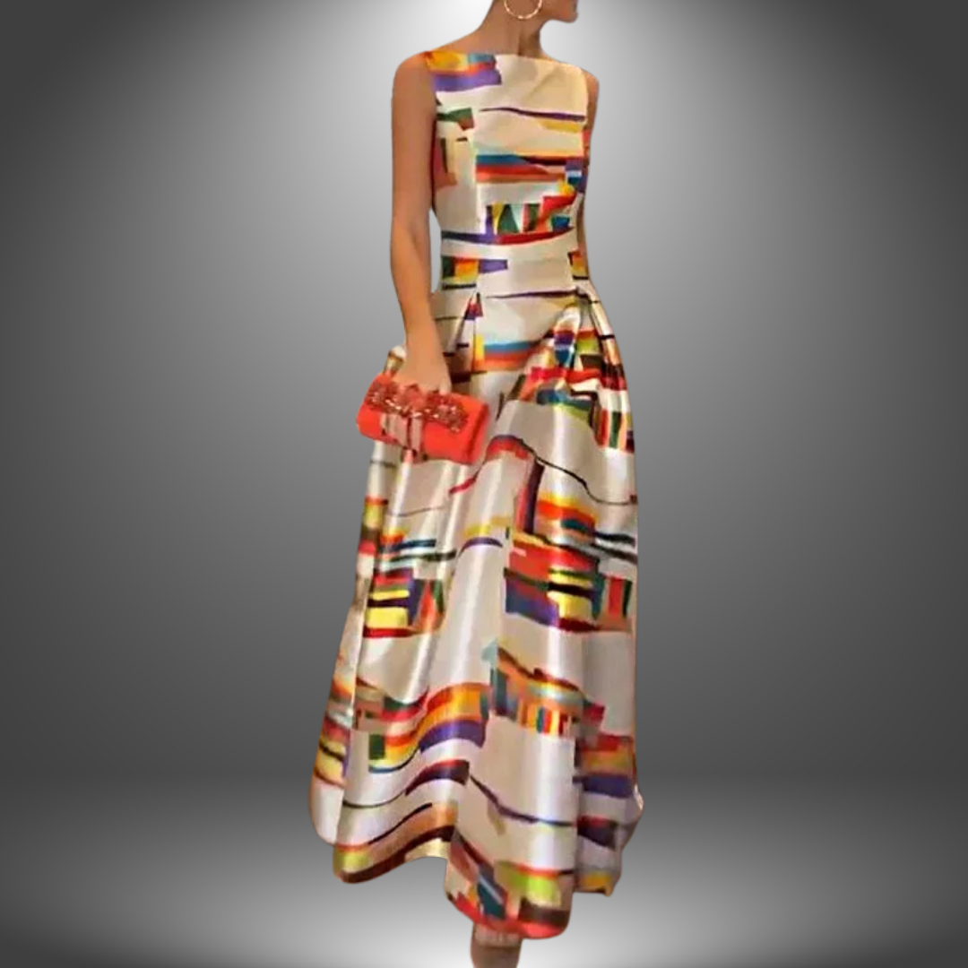 Elegant women's abstract print sleeveless maxi dress. Perfect formal evening gown for special occasions & wedding guests.