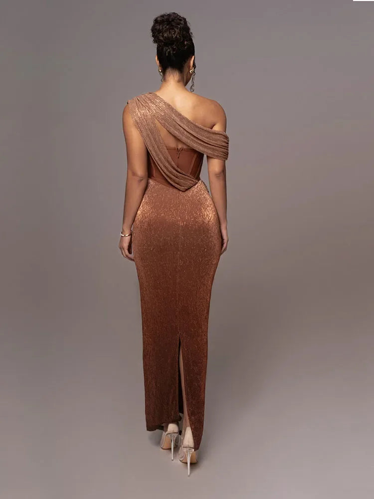 Sophisticated women's Agatha one-shoulder maxi dress with sculpted fit, ideal as a formal gown or evening dress.