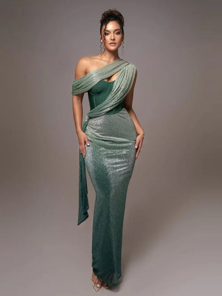Agatha women's long one-shoulder maxi dress. Elegant formal gown for evening wear and sophisticated special events.