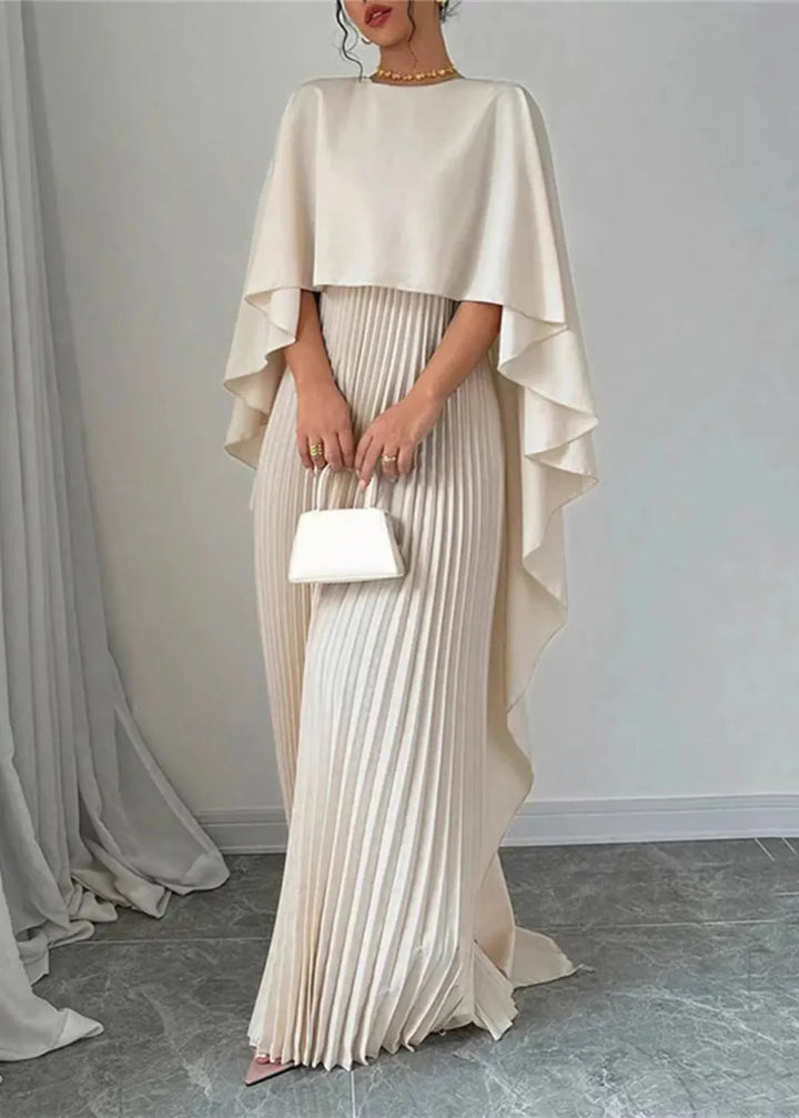 Stunning women's wedding guest gown: a formal cape overlay pleated maxi dress for elegant evening events.