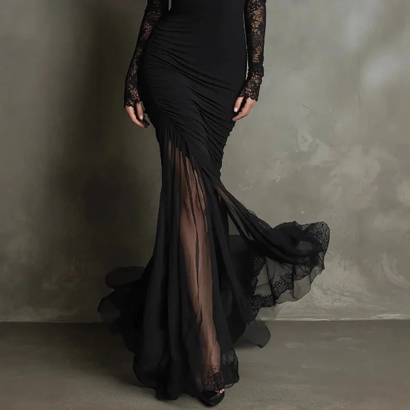 Women's elegant black V-neck mermaid maxi dress with intricate lace sleeves, ideal for parties & formal wear.