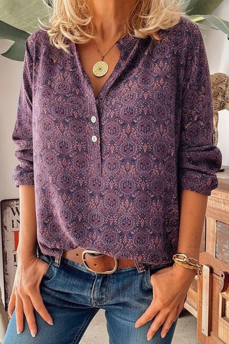Fashionable women's long sleeve top with an artistic vintage print. Elegant and comfortable, a versatile everyday blouse.