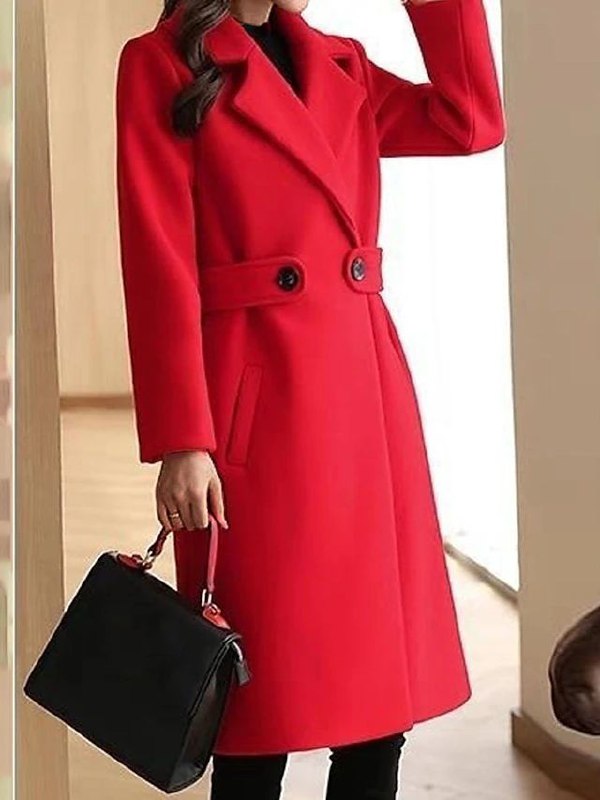 Stylish women's brown winter coat with long sleeves and a belt, perfect for a formal look.
