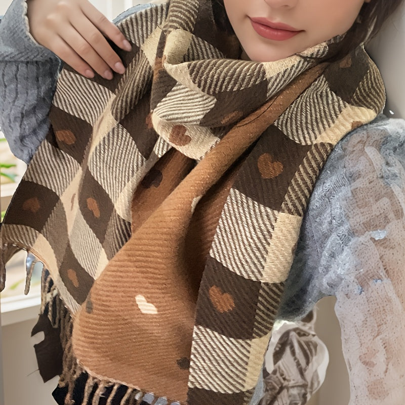 Versatile checkered polyester women's scarf, essential autumn & winter fashion accessory.