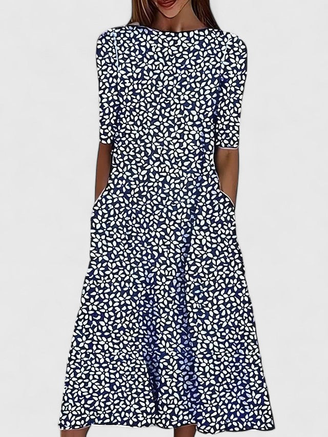 Cianne elegant women's midi dress featuring a stylish boat neck, fit and flare cut, and convenient side pockets.