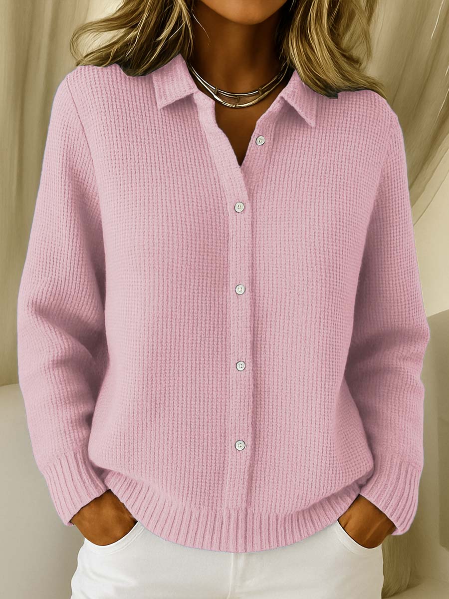 Feminine collared sweater cardigan for women, featuring a button-up front and elegant casual fashion style.