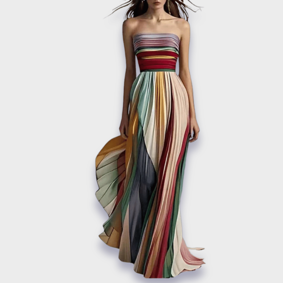 Elegant women's colorblock pleated strapless maxi dress, perfect for evening events.