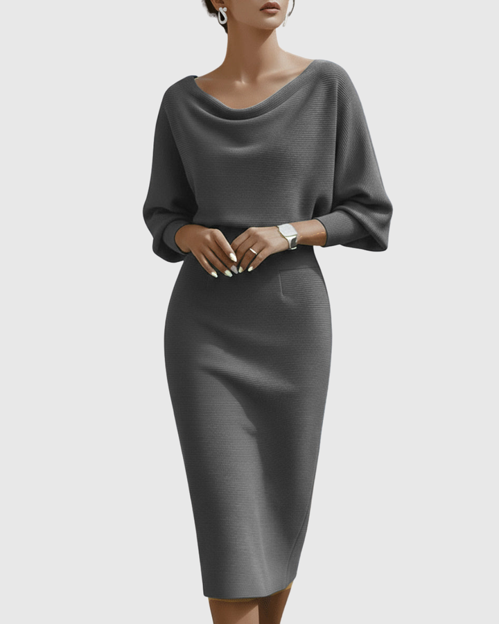 Stylish women's midi dress with a flattering cowl neck and comfortable batwing sleeves.