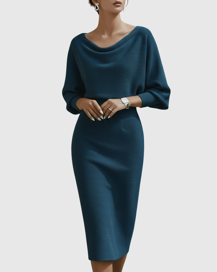Versatile women's party dress: elegant cowl neck, batwing sleeve, midi length.