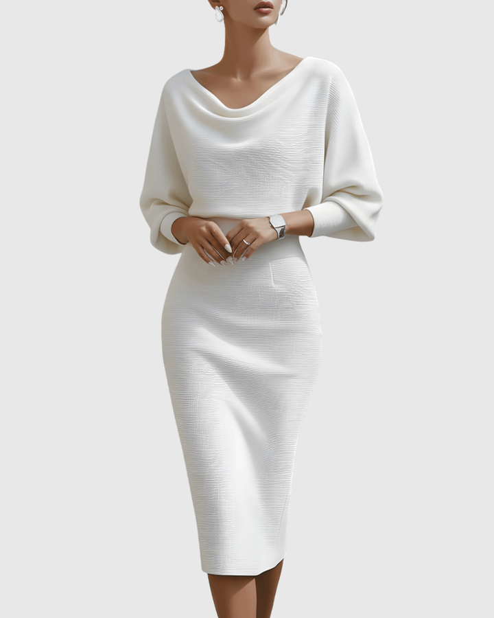 Flattering women's midi dress with elegant cowl neck and stylish batwing sleeves.