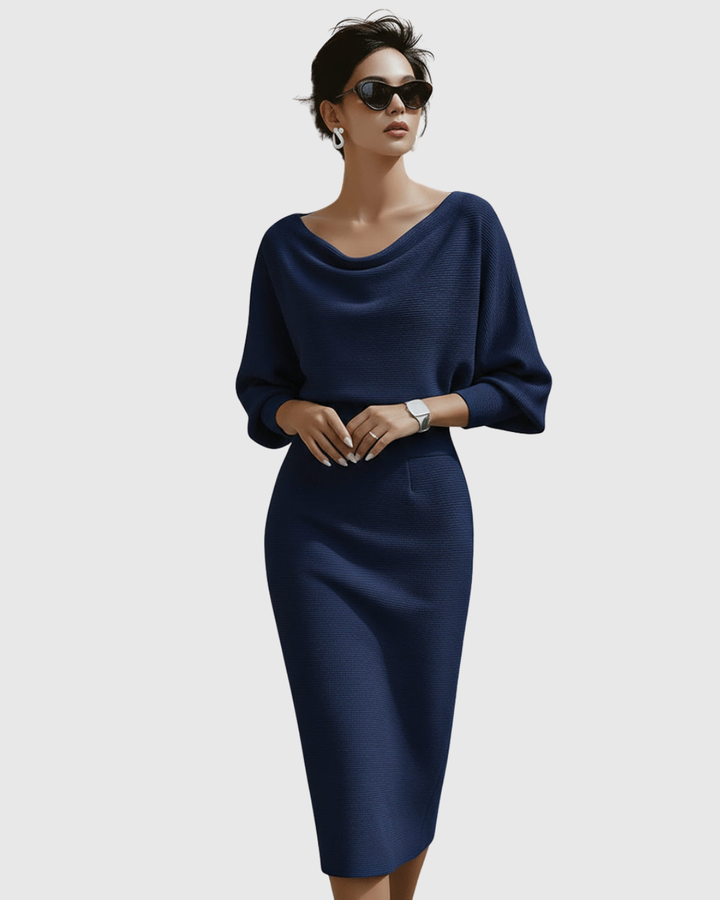 Chic women's evening wear midi dress, elegant cowl neck and comfortable batwing sleeves.
