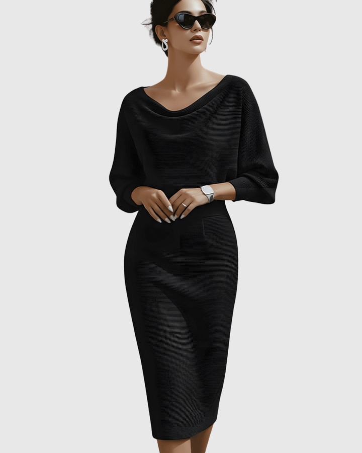 Stylish women's midi dress, elegant cowl neck, batwing sleeves for a sophisticated look.