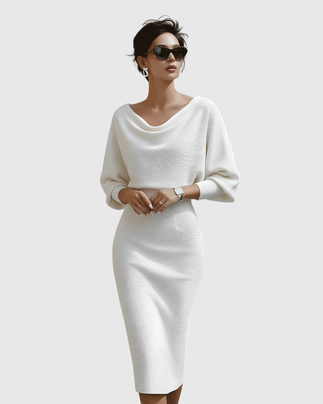 Women's elegant batwing sleeve midi dress with a beautiful cowl neck design.