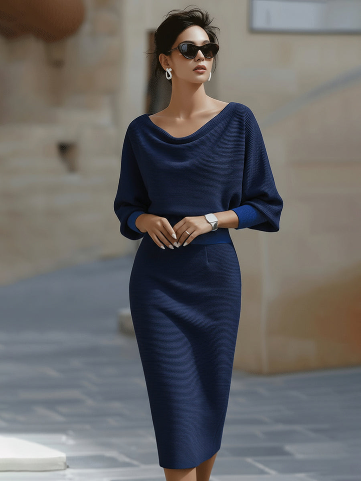 Formal women's elegant cowl-neck bodycon midi dress, a sophisticated and chic option for evening events.