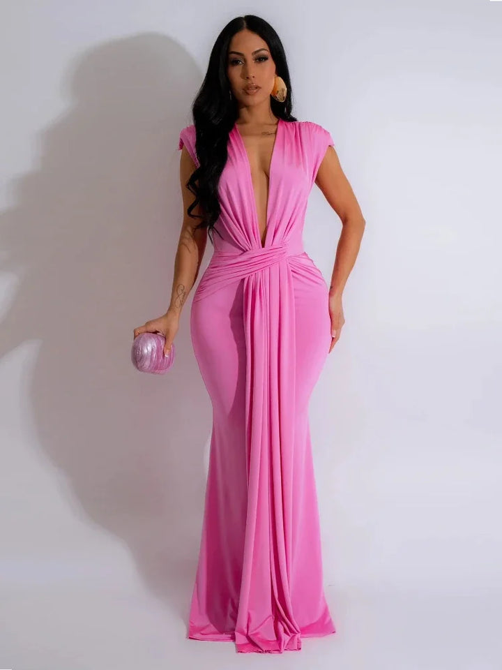 Sleeveless Women's Bodycon Maxi Dress featuring a deep V-neck and stylish draped design. Ideal for summer.