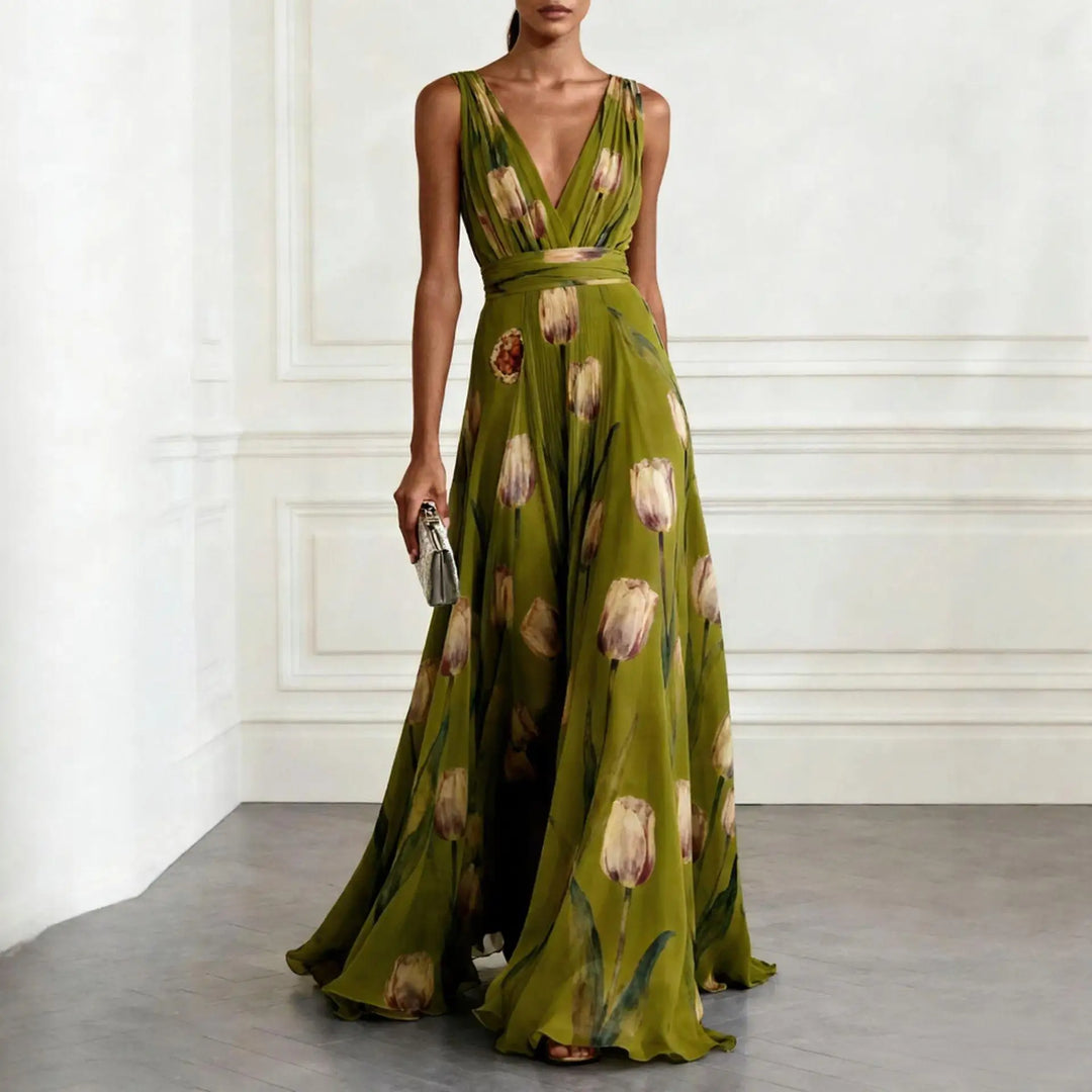 Chic deep V-neck floral tulip maxi dress for women, an elegant a-line gown ideal for formal evening wear.