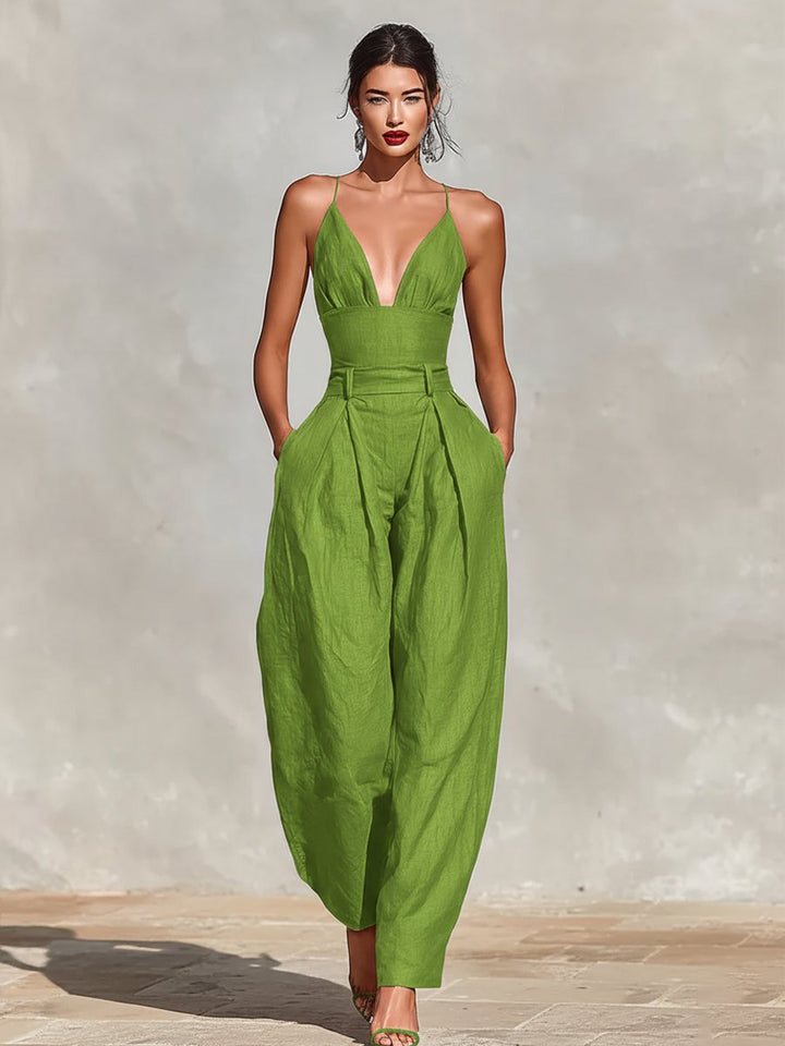 Sleeveless wide leg deep V-neck jumpsuit for women, a chic & elegant choice for special occasions.