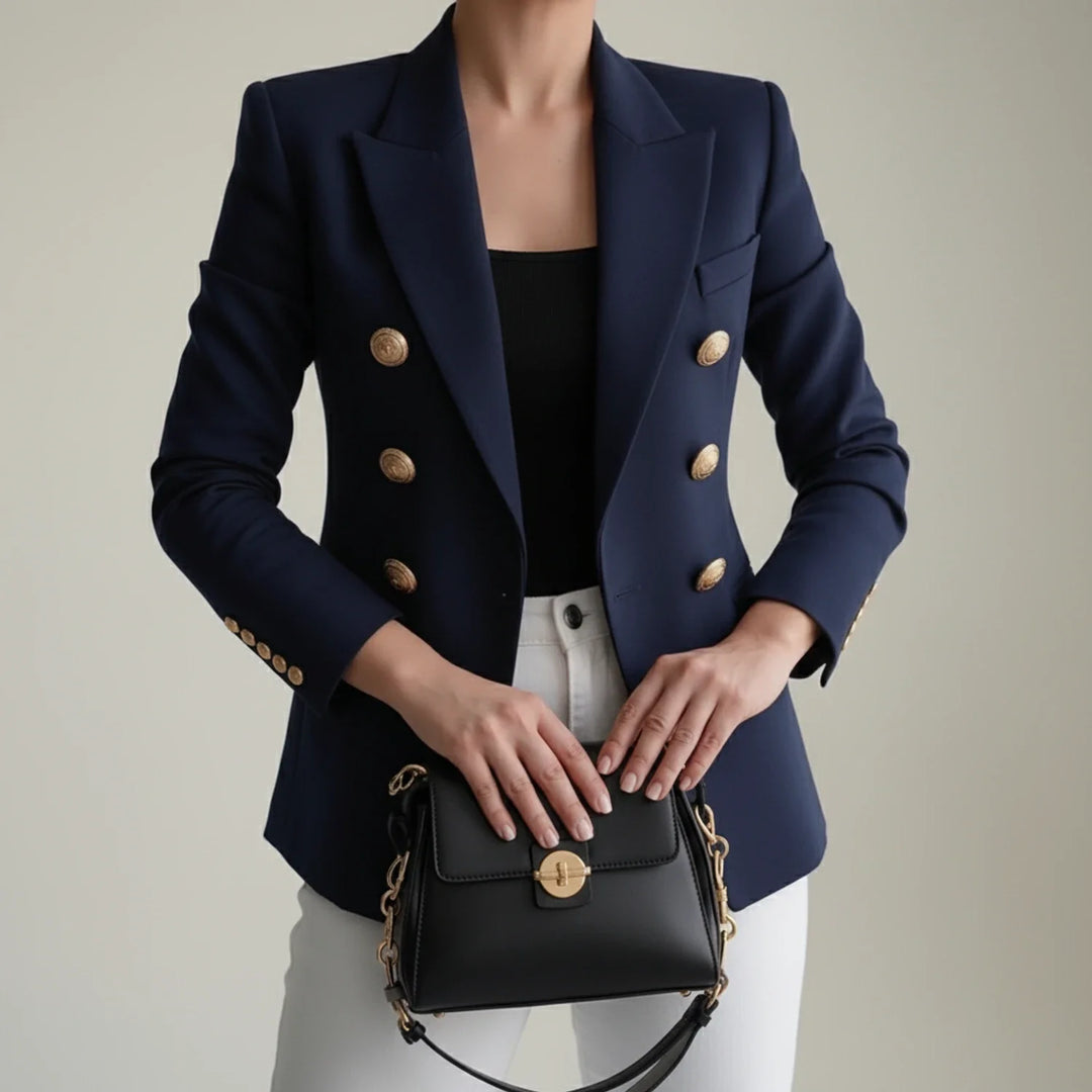 Chic women's tailored blazer, double-breasted with gold buttons, perfect for sophisticated workwear & office attire.