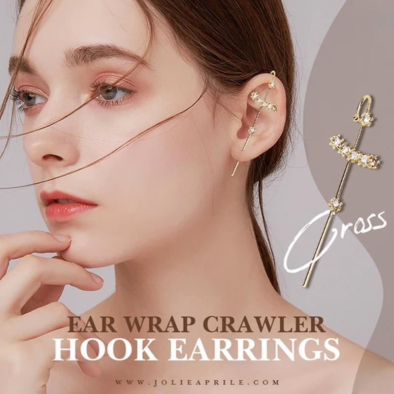 Elegant women's ear wrap crawler earring with sparkling rhinestones, hypoallergenic gold-tone finish. Side view.