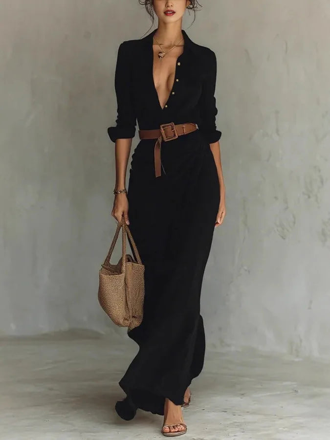 Versatile Navy Blue Wrap Maxi Dress with a v-neck, flowing sleeves, and adjustable fit for women.