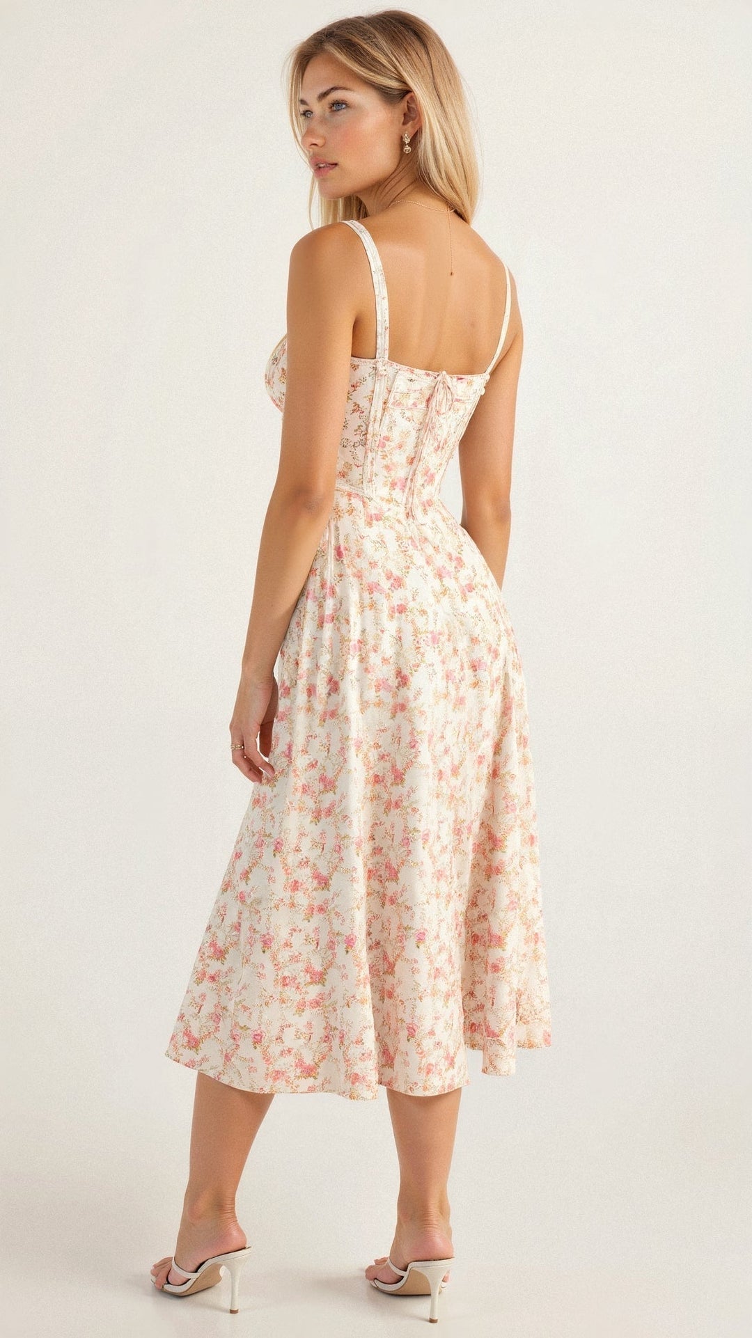 Detailed shot of the corset bodice on a floral midi dress, feminine and elegant