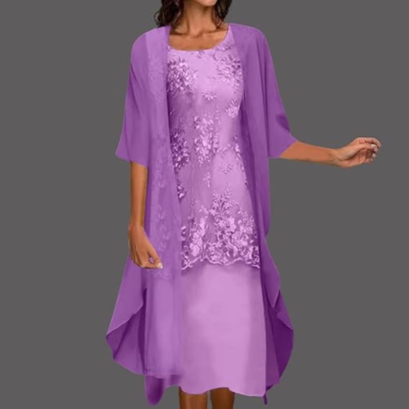 Chic women's floral lace midi dress and sheer cardigan set, an elegant choice for formal parties or special occasions.