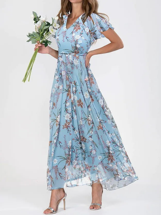 Feminine women's elegant floral rosette print maxi dress. Features graceful flutter sleeves, suitable for summer and events.