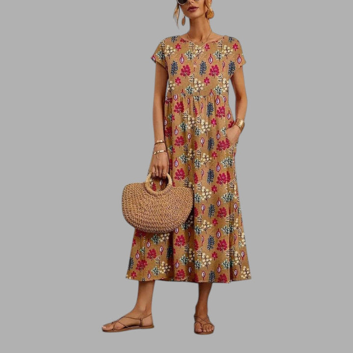 Elegant women's floral midi dress, perfect for semi-formal occasions, parties & summer events. Feminine fashion.