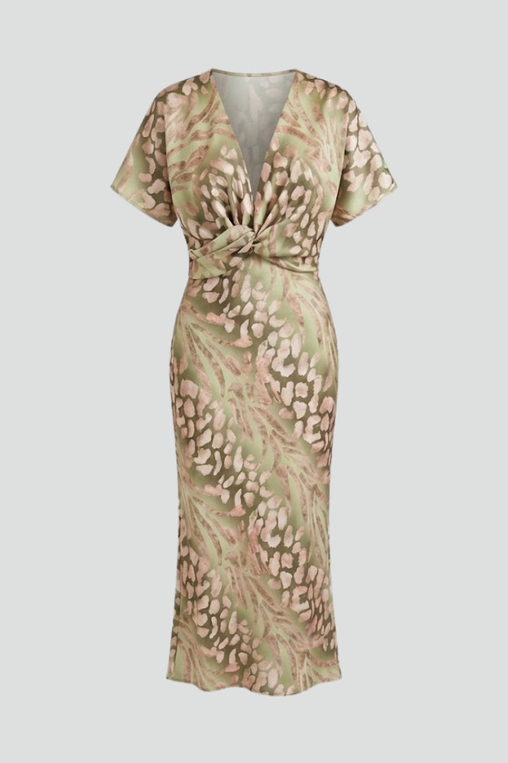 Elegant women's floral midi dress with pleated hem, V-neck, and short sleeves, perfect for summer garden parties.