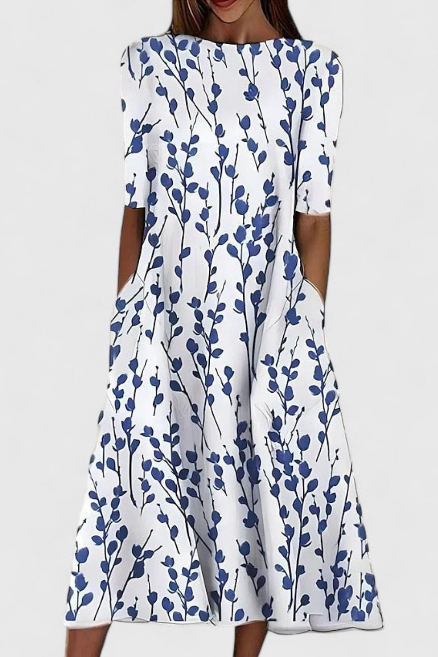 Elegant women's floral midi dress with round neck, short sleeves & pockets. Perfect A-line casual summer & spring fashion.