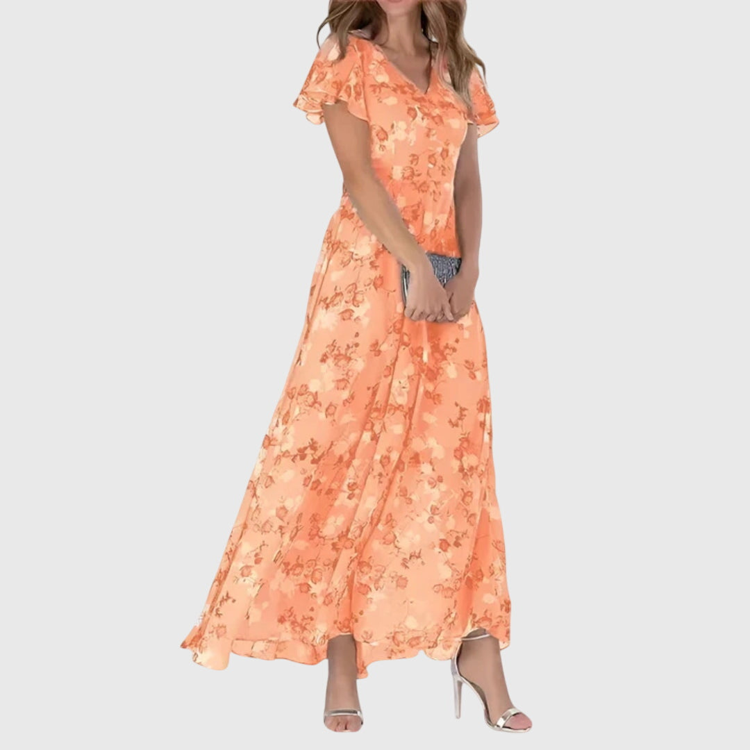 Elegant women's floral print maxi dress with V-neck and delicate flutter sleeves, perfect for summer parties.