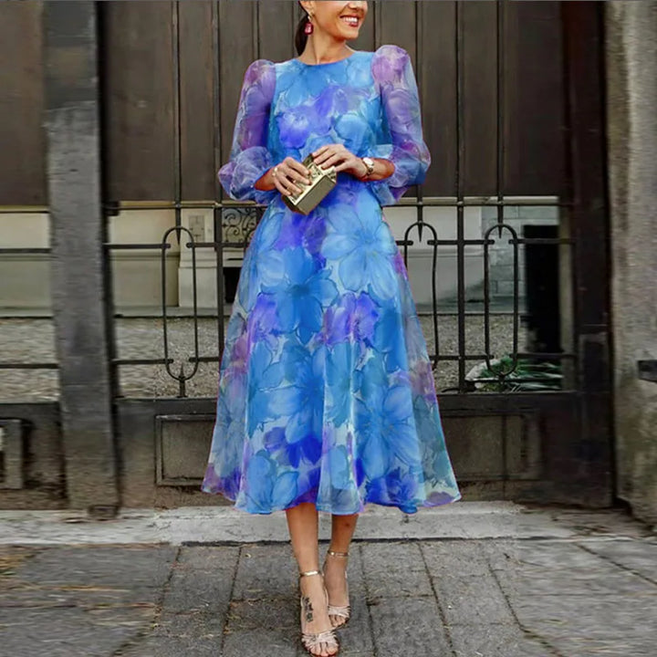 Women's A-line floral puff sleeve midi dress with round neck, ideal for formal events & evening wear.