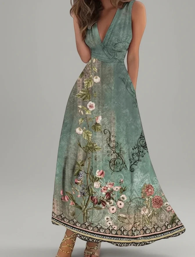 Elegant women's floral V-neck A-line midi dress, perfect for summer parties or garden events.