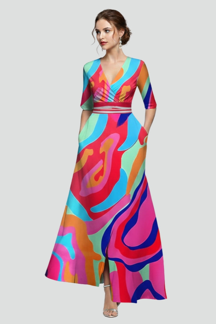 Sophisticated Women's Floral Printed V-Neck Long Dress, designed for a flattering fit and effortless elegance.