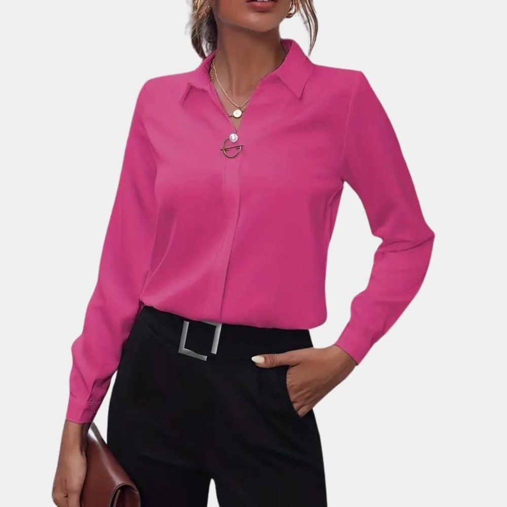 Professional women's elegant long sleeve blouse in flowy chiffon, a chic collared top for work or leisure.