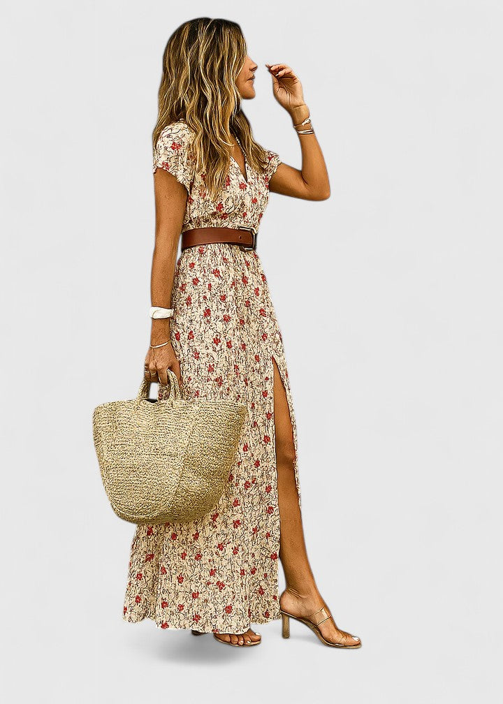 Boho chic printed maxi dress for women, a versatile flowy summer dress for day or night comfort.