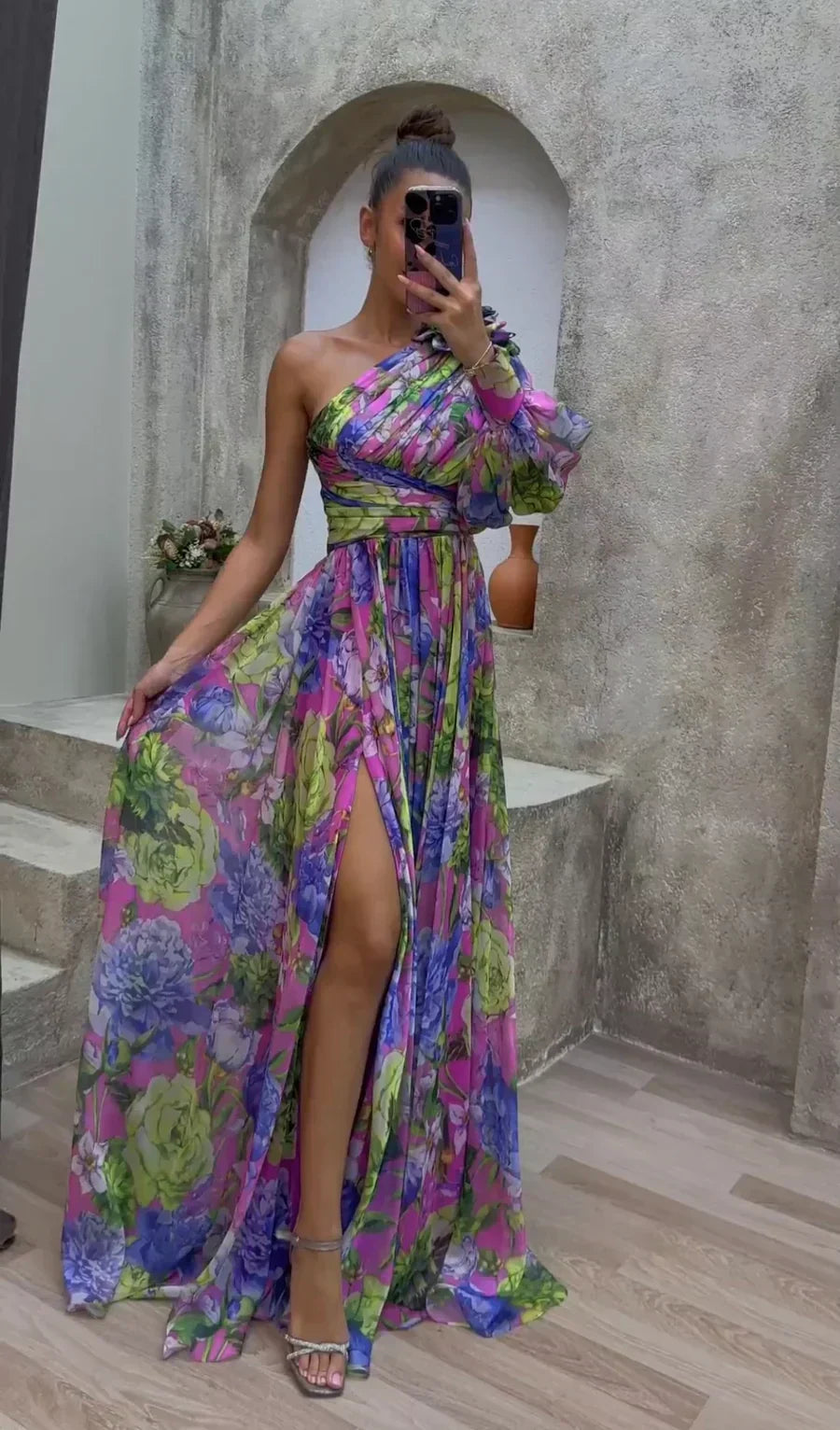 Beautiful long sleeve purple maxi dress, ideal occasion wear for a wedding guest or formal summer event.