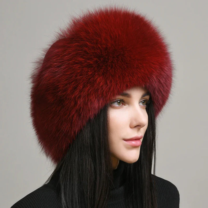 Studio shot of a women's genuine fox fur winter hat, emphasizing its rich texture and warmth