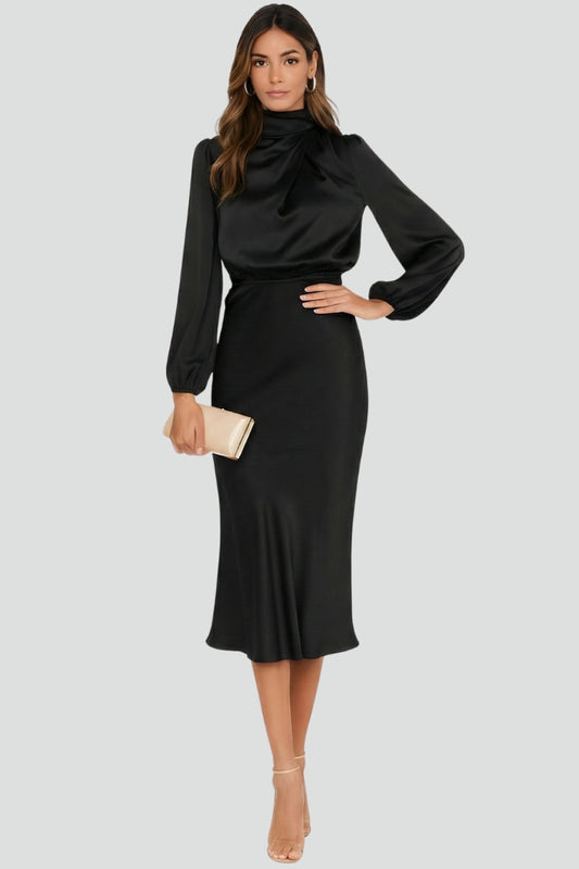 Women's elegant high-neck long sleeve midi dress, a timeless and versatile piece for stylish women.
