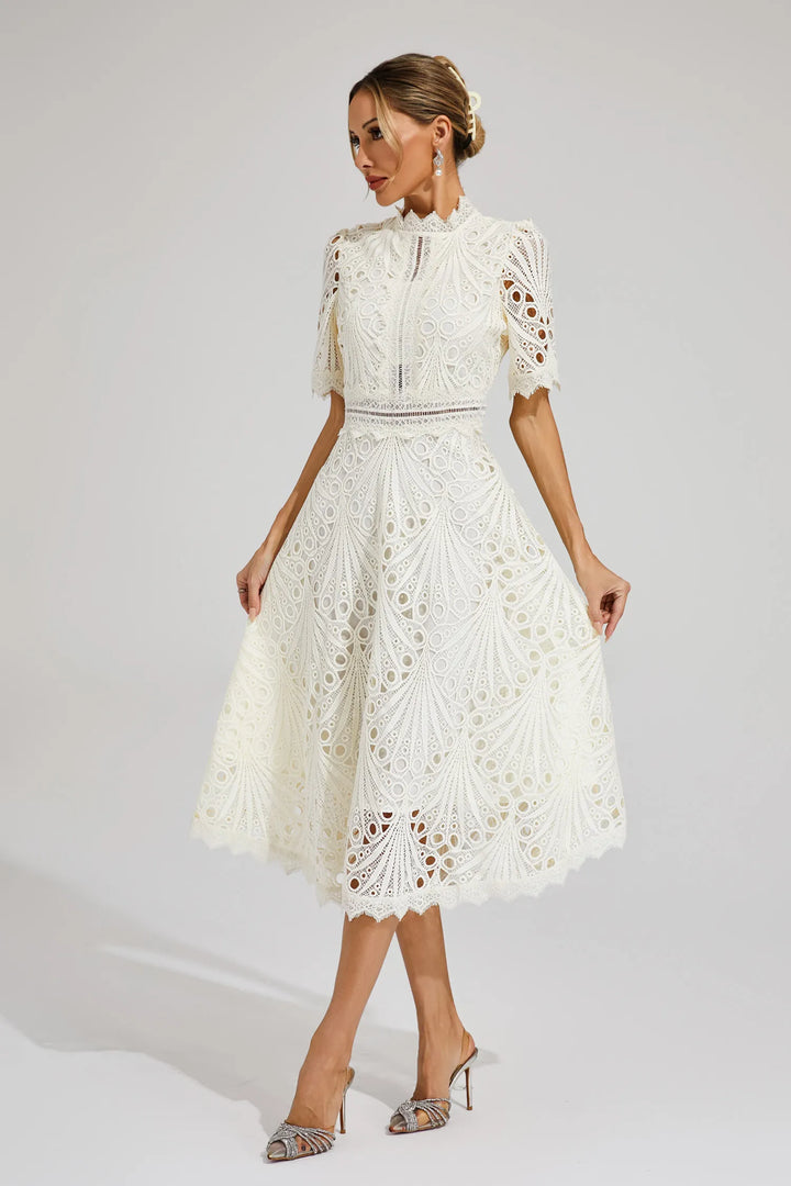 Elegant women's lace midi dress, perfect for weddings, parties & formal events.