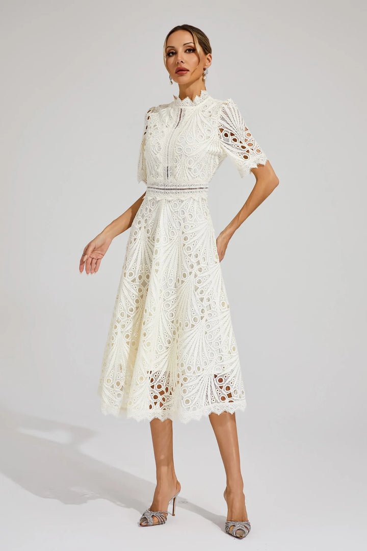 Classic women's formal lace midi dress, scoop neck, sophisticated event attire.