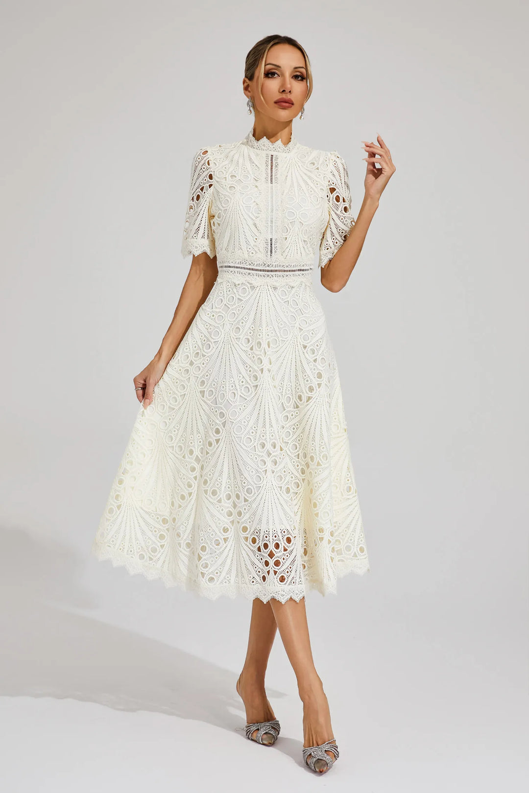 Women's chic lace midi party dress, elegant & comfortable for summer weddings.