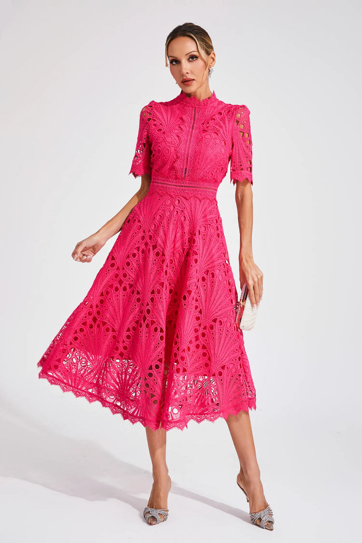 Tailored fit women's elegant lace midi dress, formal wear for special occasions.